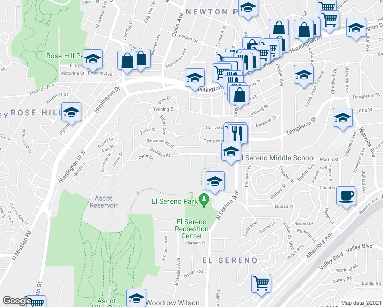 map of restaurants, bars, coffee shops, grocery stores, and more near 4713 1/2 Butterfly Lane in Los Angeles