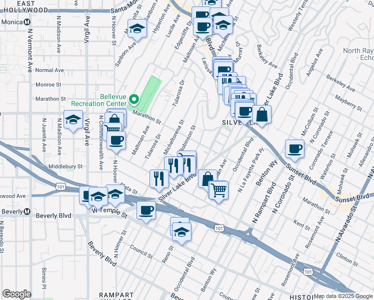 map of restaurants, bars, coffee shops, grocery stores, and more near 746 Robinson Street in Los Angeles