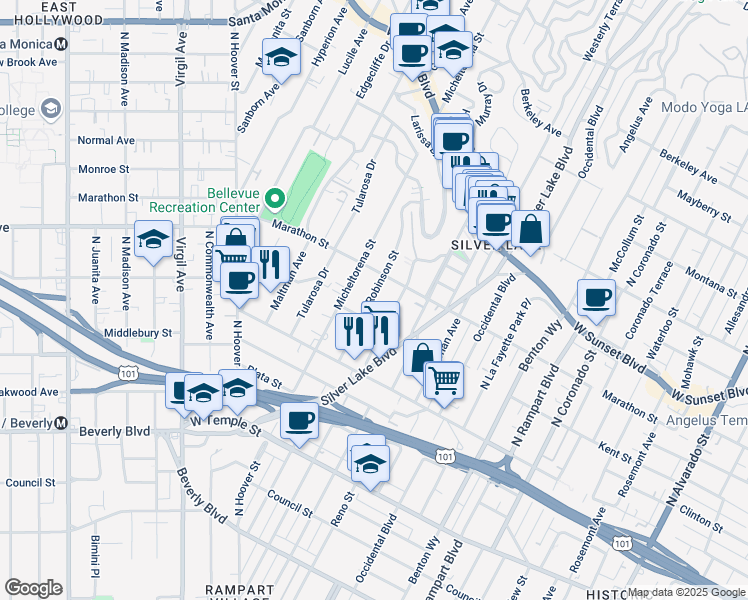 map of restaurants, bars, coffee shops, grocery stores, and more near 746 Robinson Street in Los Angeles