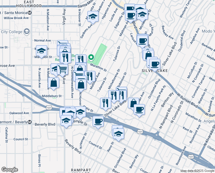 map of restaurants, bars, coffee shops, grocery stores, and more near 706 Tularosa Drive in Los Angeles