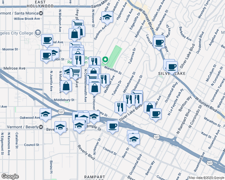 map of restaurants, bars, coffee shops, grocery stores, and more near 647 Maltman Avenue in Los Angeles