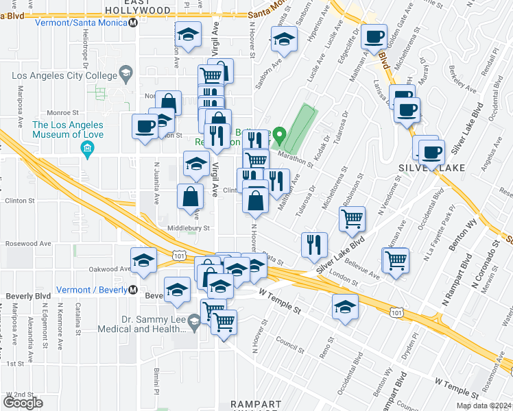 map of restaurants, bars, coffee shops, grocery stores, and more near 627 Imogen Avenue in Los Angeles