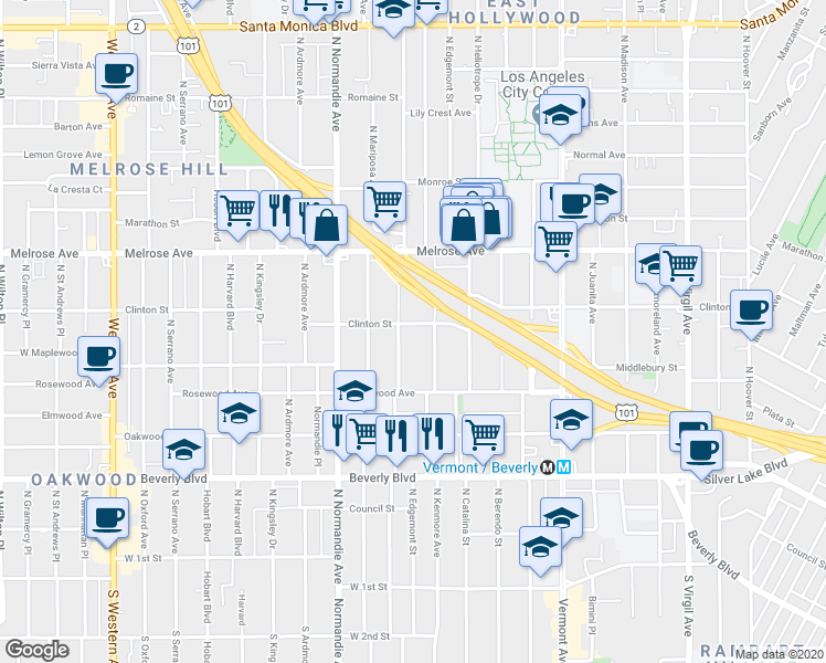 map of restaurants, bars, coffee shops, grocery stores, and more near 4321 Clinton Street in Los Angeles