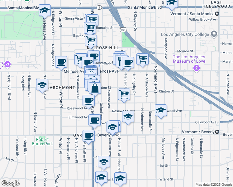 map of restaurants, bars, coffee shops, grocery stores, and more near 4766 Clinton Street in Los Angeles