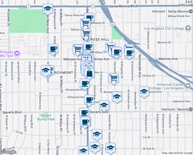 map of restaurants, bars, coffee shops, grocery stores, and more near 557 North Oxford Avenue in Los Angeles