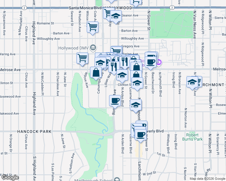 map of restaurants, bars, coffee shops, grocery stores, and more near in Los Angeles