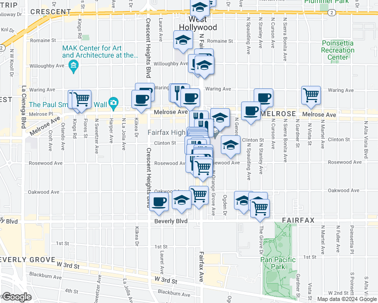 map of restaurants, bars, coffee shops, grocery stores, and more near 543 North Fairfax Avenue in Los Angeles