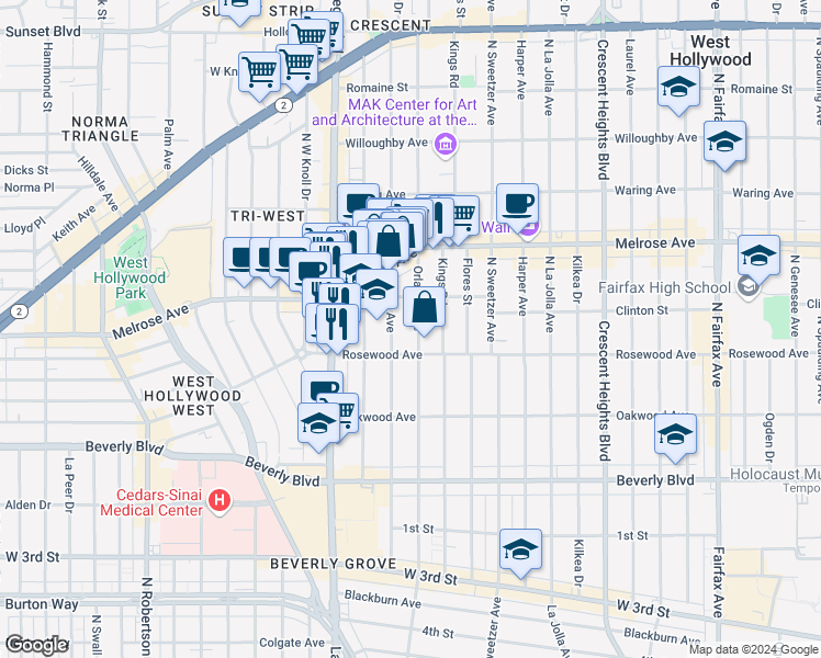 map of restaurants, bars, coffee shops, grocery stores, and more near 548 North Croft Avenue in West Hollywood