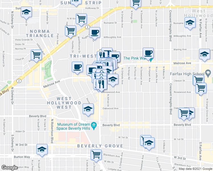 map of restaurants, bars, coffee shops, grocery stores, and more near 563 North Alfred Street in West Hollywood