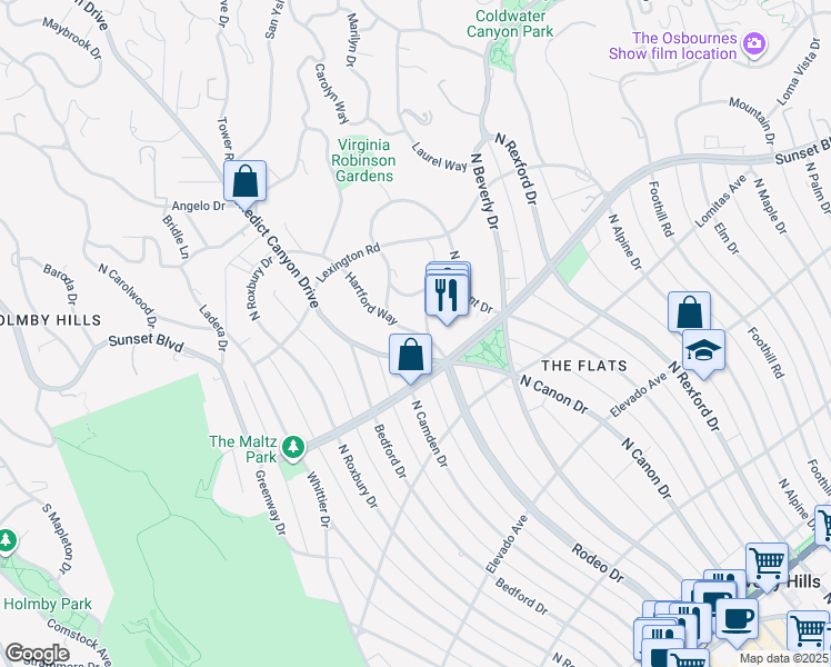 map of restaurants, bars, coffee shops, grocery stores, and more near 908 Hartford Way in Beverly Hills