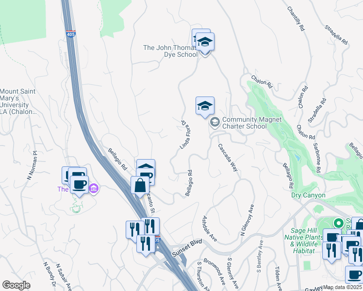 map of restaurants, bars, coffee shops, grocery stores, and more near 825 Linda Flora Drive in Los Angeles
