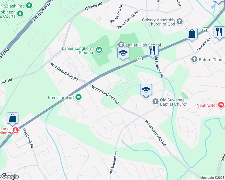 map of restaurants, bars, coffee shops, grocery stores, and more near 4802 Larkin Pass in Buford