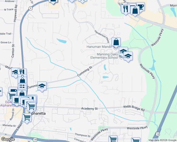 map of restaurants, bars, coffee shops, grocery stores, and more near 3070 Monroe Way in Alpharetta