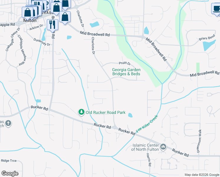 map of restaurants, bars, coffee shops, grocery stores, and more near 12310 Charlotte Drive in Alpharetta