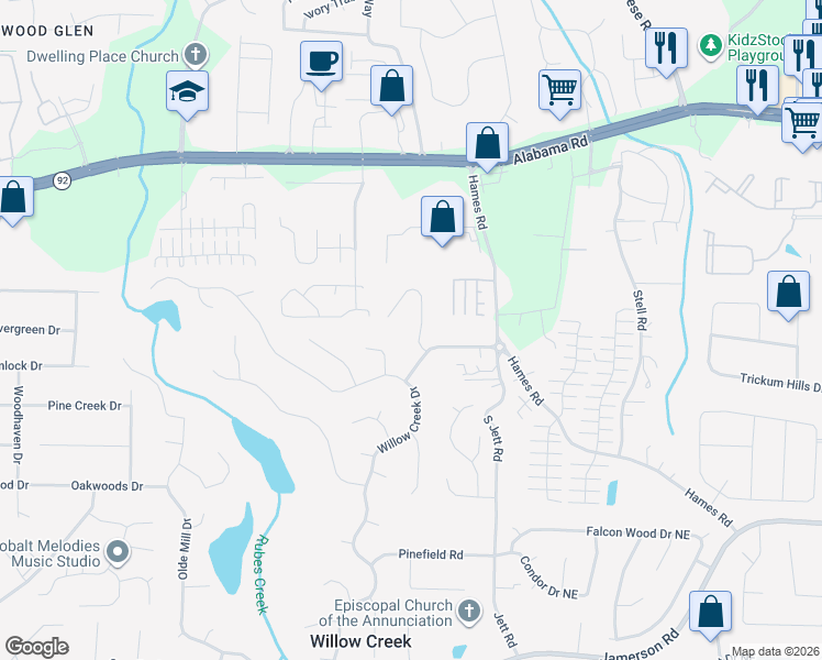 map of restaurants, bars, coffee shops, grocery stores, and more near 5217 Willow Ridge Drive in Woodstock