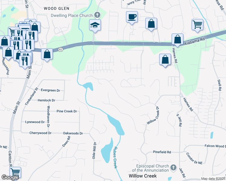 map of restaurants, bars, coffee shops, grocery stores, and more near 4999 Willow Creek Drive in Woodstock