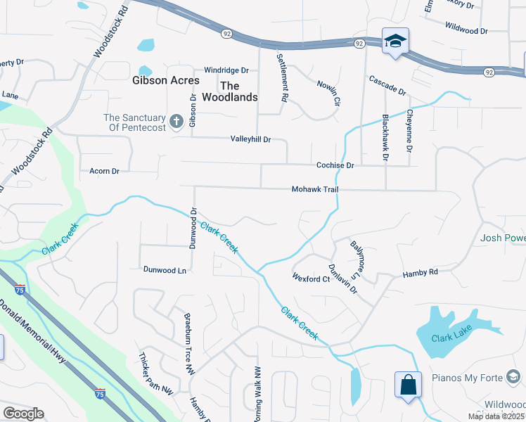 map of restaurants, bars, coffee shops, grocery stores, and more near 375 Clark Creek Pass in Acworth