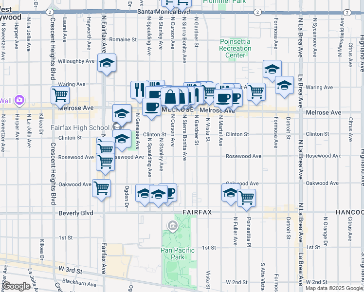 map of restaurants, bars, coffee shops, grocery stores, and more near 525 North Sierra Bonita Avenue in Los Angeles