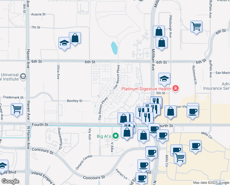 map of restaurants, bars, coffee shops, grocery stores, and more near 11005 Skyglow Drive in Rancho Cucamonga