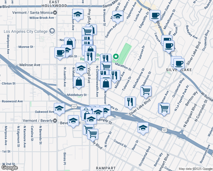 map of restaurants, bars, coffee shops, grocery stores, and more near 627 Imogen Avenue in Los Angeles