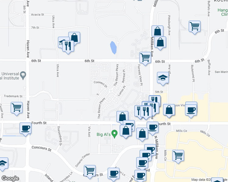 map of restaurants, bars, coffee shops, grocery stores, and more near 11005 Skyglow Drive in Rancho Cucamonga