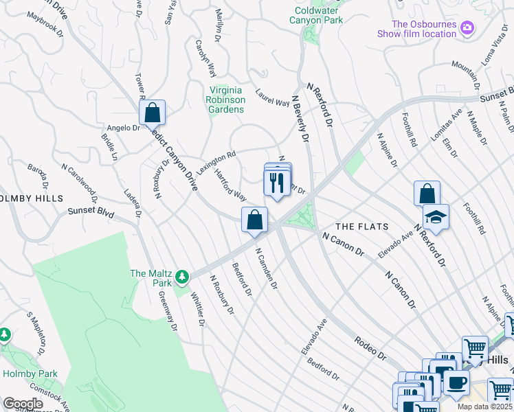 map of restaurants, bars, coffee shops, grocery stores, and more near 908 Hartford Way in Beverly Hills
