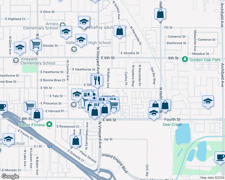 map of restaurants, bars, coffee shops, grocery stores, and more near 1978 East 5th Street in Ontario