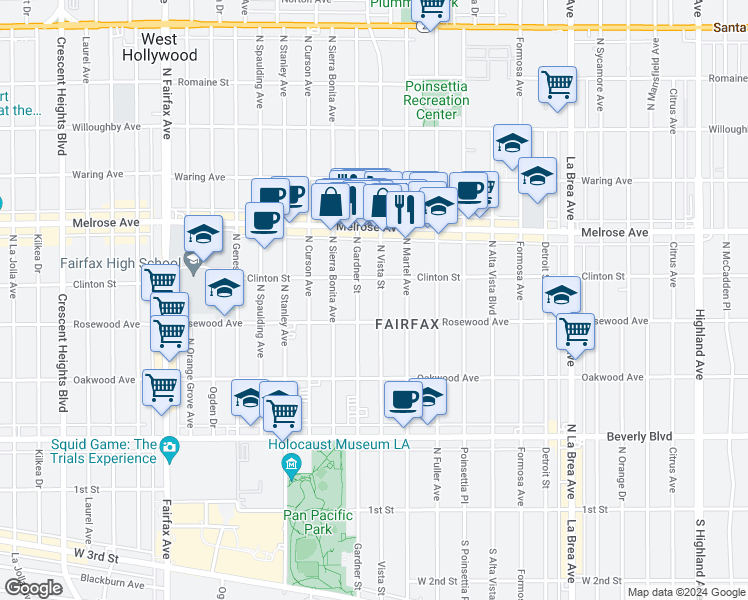 map of restaurants, bars, coffee shops, grocery stores, and more near 525 North Vista Street in Los Angeles