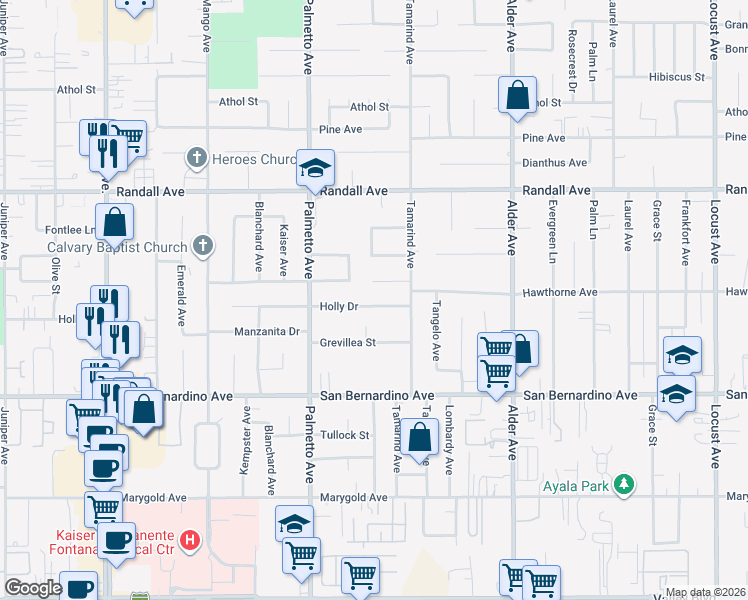 map of restaurants, bars, coffee shops, grocery stores, and more near 17426 Holly Drive in Fontana