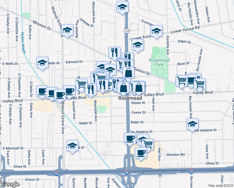 map of restaurants, bars, coffee shops, grocery stores, and more near 4019 Rosemead Boulevard in Rosemead