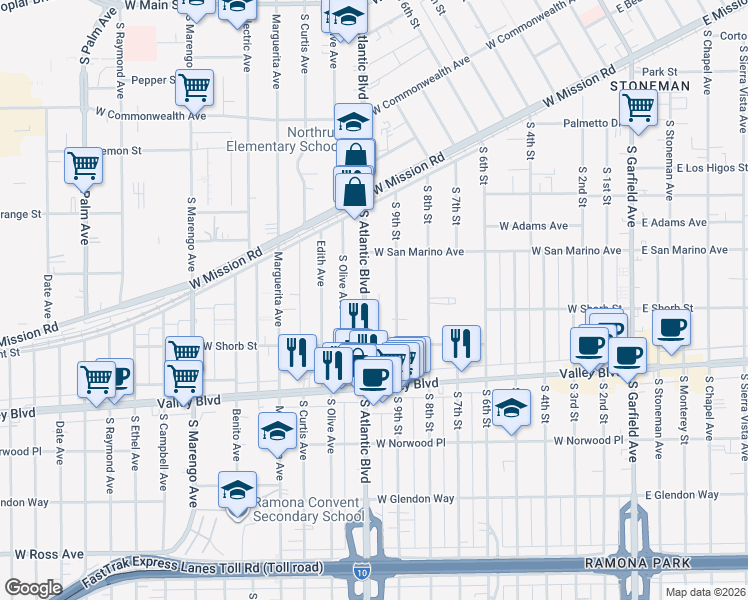 map of restaurants, bars, coffee shops, grocery stores, and more near 940 South Atlantic Boulevard in Alhambra
