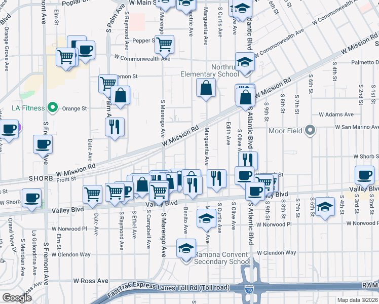 map of restaurants, bars, coffee shops, grocery stores, and more near 910 Benito Avenue in Alhambra