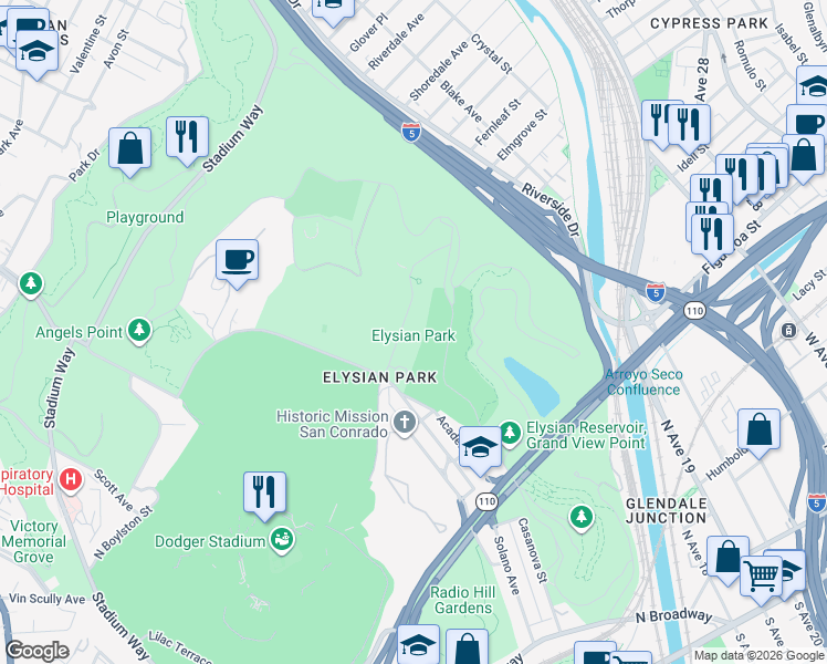 map of restaurants, bars, coffee shops, grocery stores, and more near 835 Academy Road in Los Angeles