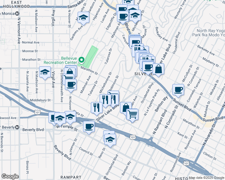 map of restaurants, bars, coffee shops, grocery stores, and more near 746 Robinson Street in Los Angeles