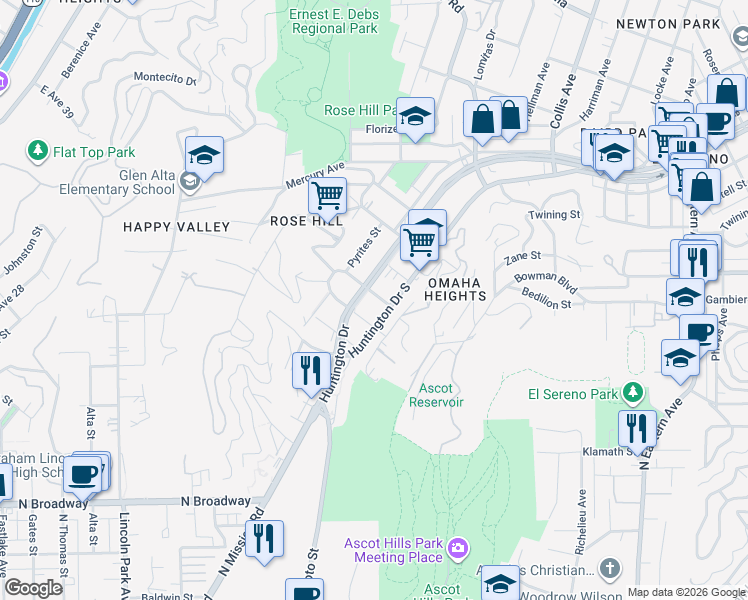 map of restaurants, bars, coffee shops, grocery stores, and more near 4508 Esmeralda Street in Los Angeles