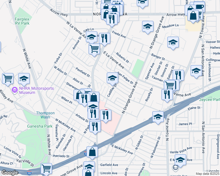 map of restaurants, bars, coffee shops, grocery stores, and more near 1995 Cadillac Drive in Pomona