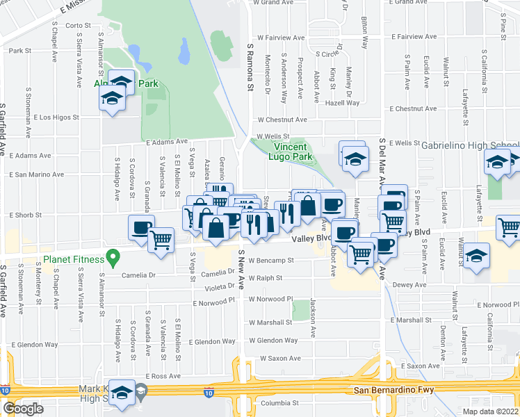 map of restaurants, bars, coffee shops, grocery stores, and more near 1527 Stevens Avenue in San Gabriel