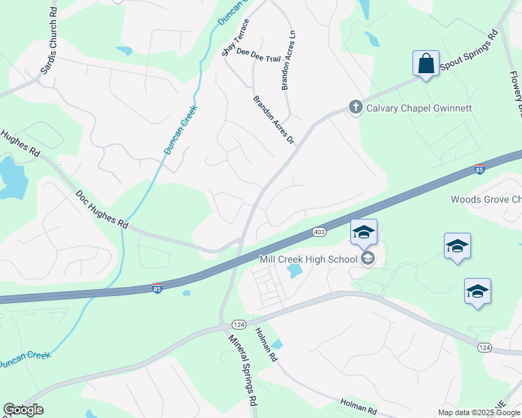 map of restaurants, bars, coffee shops, grocery stores, and more near 4036 Water Mill Drive in Buford