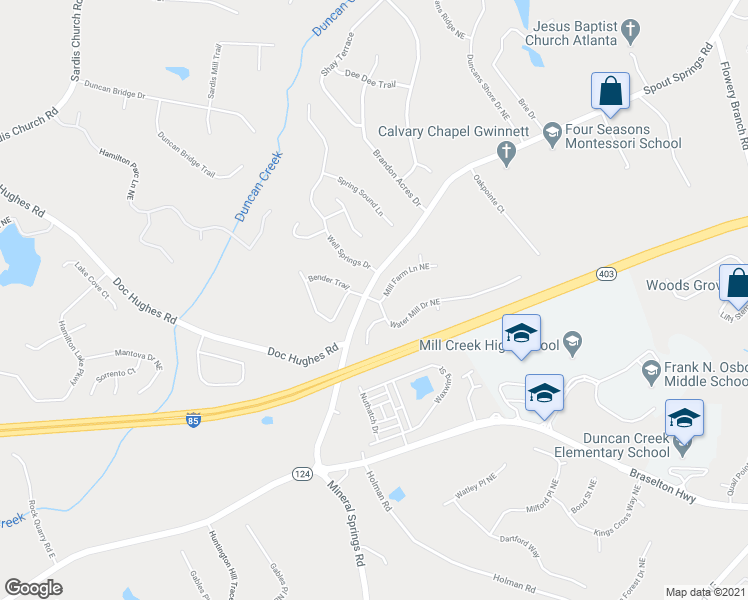 map of restaurants, bars, coffee shops, grocery stores, and more near 4486 Water Mill Drive in Buford