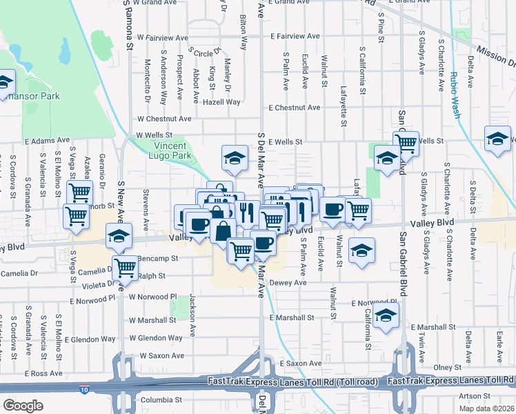 map of restaurants, bars, coffee shops, grocery stores, and more near 1516 Del Mar Avenue in San Gabriel