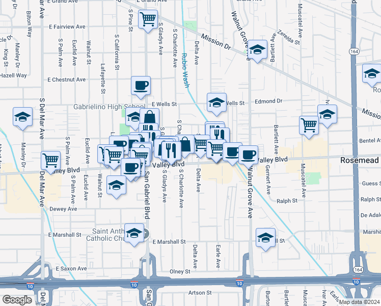 map of restaurants, bars, coffee shops, grocery stores, and more near 923 East Valley Boulevard in San Gabriel