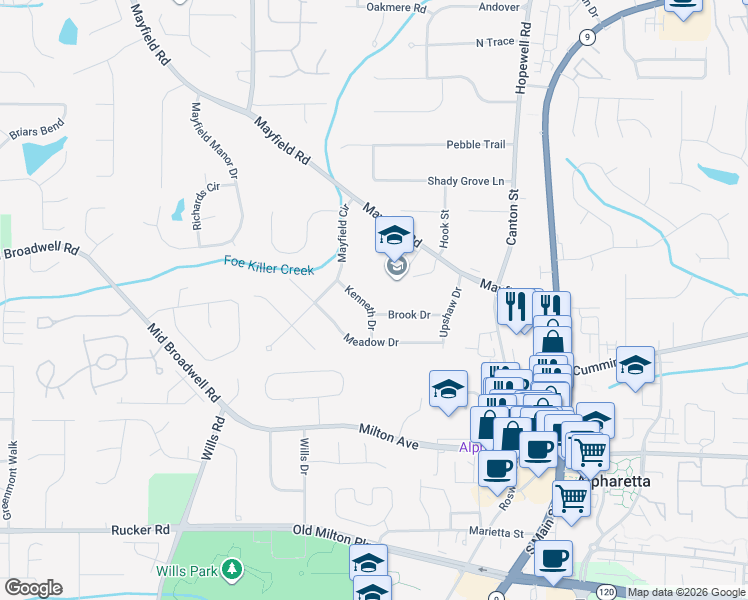 map of restaurants, bars, coffee shops, grocery stores, and more near 193 Kenneth Drive in Alpharetta