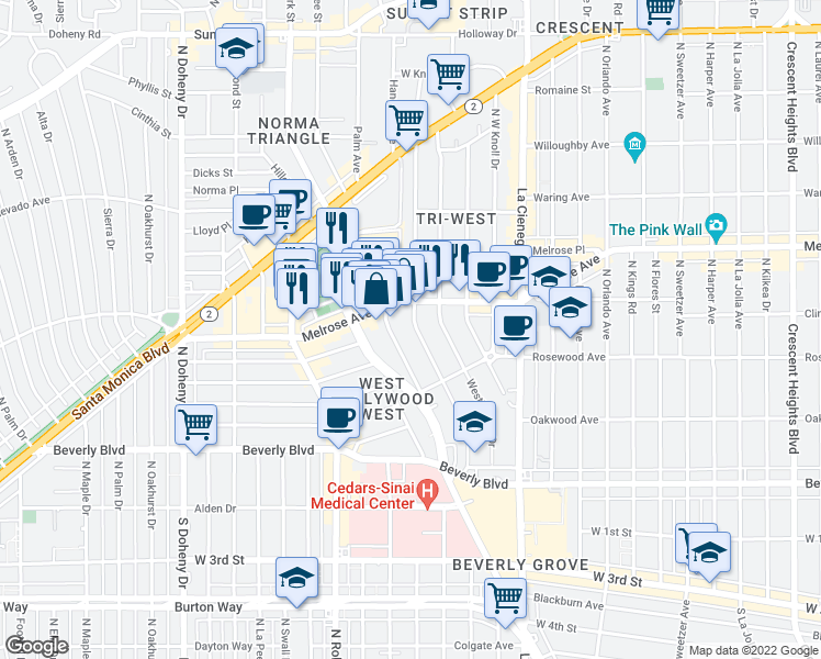 map of restaurants, bars, coffee shops, grocery stores, and more near 547 Huntley Drive in West Hollywood