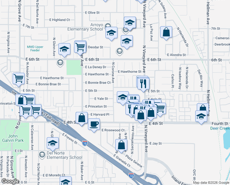 map of restaurants, bars, coffee shops, grocery stores, and more near 1762 East 5th Street in Ontario