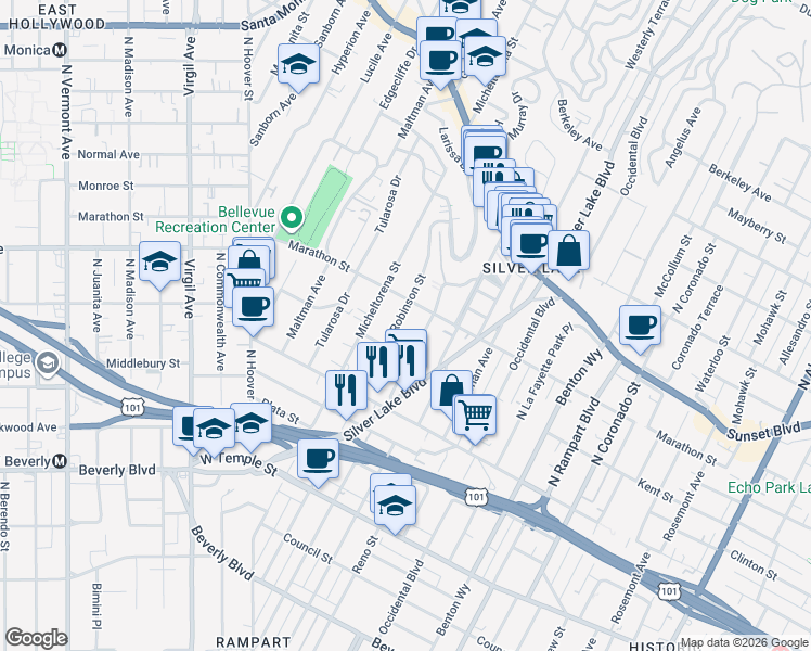 map of restaurants, bars, coffee shops, grocery stores, and more near 2 Robinson Street in Los Angeles