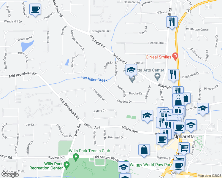 map of restaurants, bars, coffee shops, grocery stores, and more near 345 Meadow Drive in Alpharetta