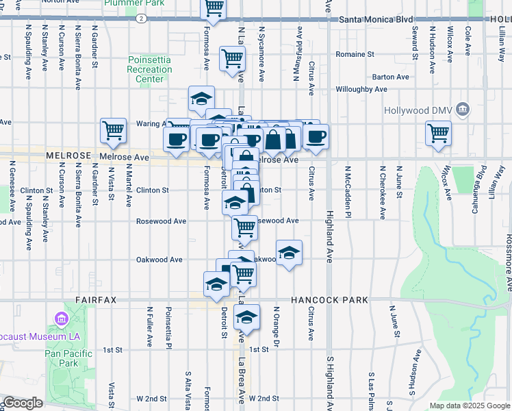 map of restaurants, bars, coffee shops, grocery stores, and more near 525 North Sycamore Avenue in Los Angeles