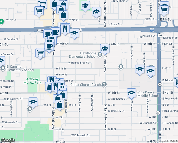 map of restaurants, bars, coffee shops, grocery stores, and more near 823 West 5th Street in Ontario