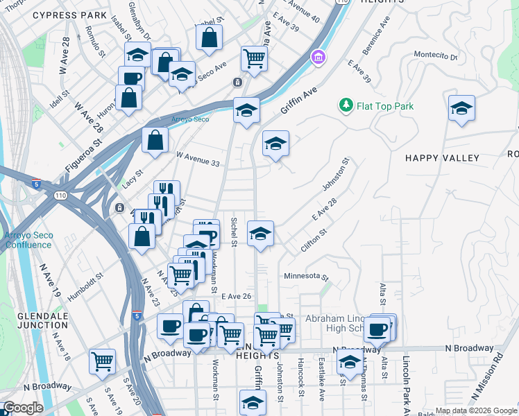 map of restaurants, bars, coffee shops, grocery stores, and more near 2896 Griffin Avenue in Los Angeles