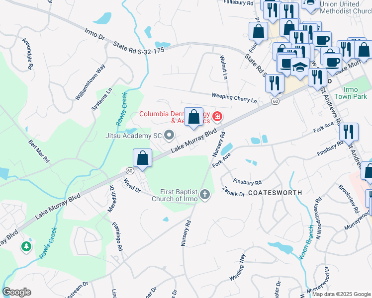 map of restaurants, bars, coffee shops, grocery stores, and more near 1663 Lake Murray Boulevard in Columbia